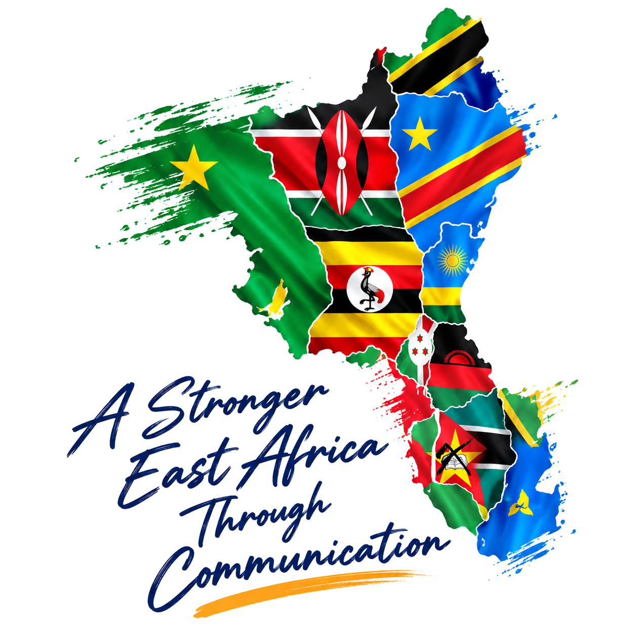 Map of East Africa filled with the flags of the participating countries — a stronger East Africa through communication